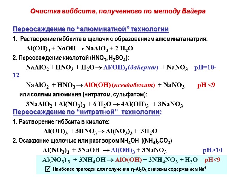 Очистка гиббсита, полученного по методу Байера Переосаждение по “алюминатной” технологии 1.  Растворение гиббсита